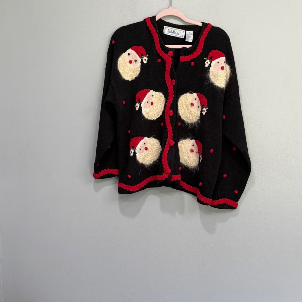 Vintage BellePointe Santa Claus Christmas Cardigan Black Red XL Ramie Cotton